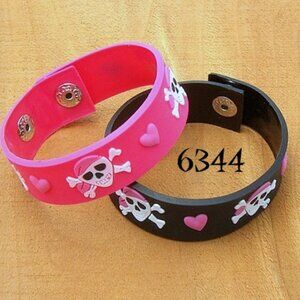 PAIR of Rubber Pirate Skull and Crossbones Bracelets, 1 Black - 1 Pink 7" to 8"